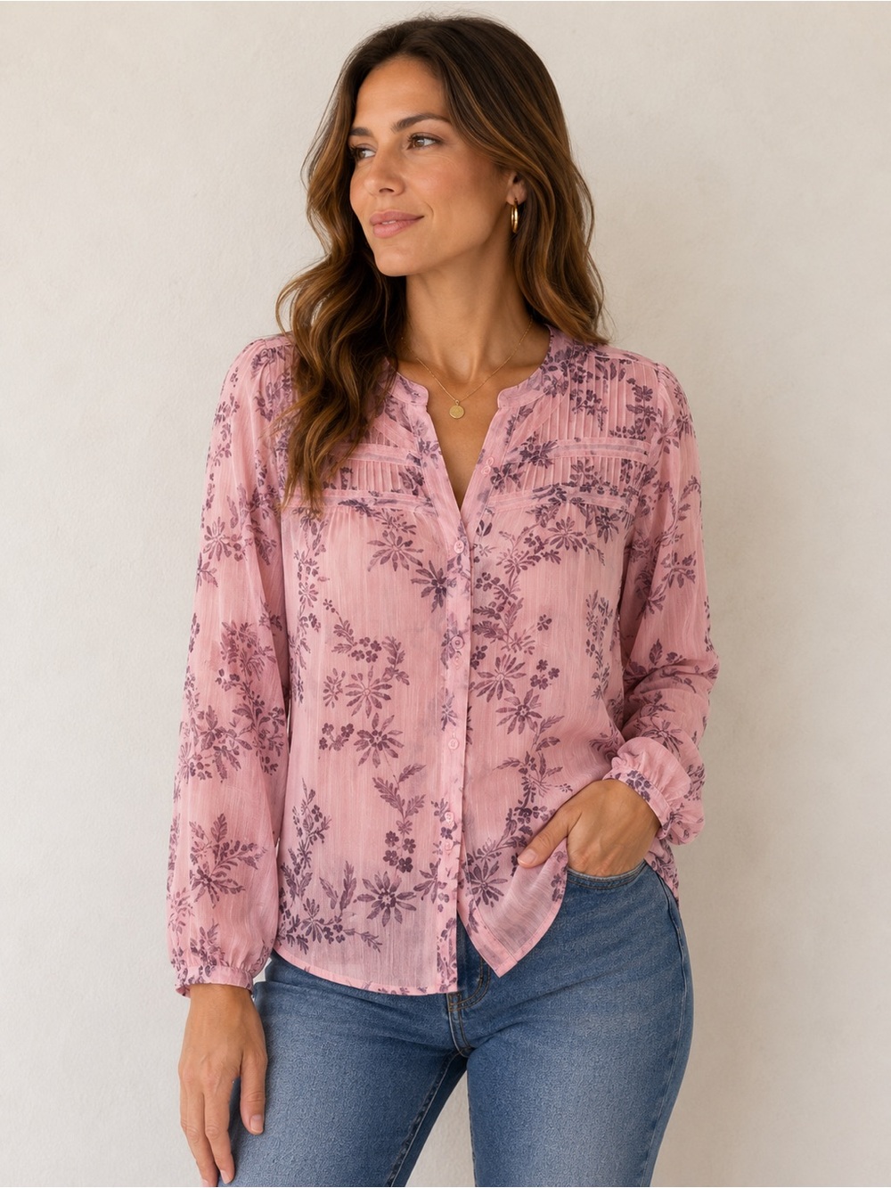Torrid Pink Floral Button-Front Sheer Blouse Size 0 Large 12/14 long sleeve